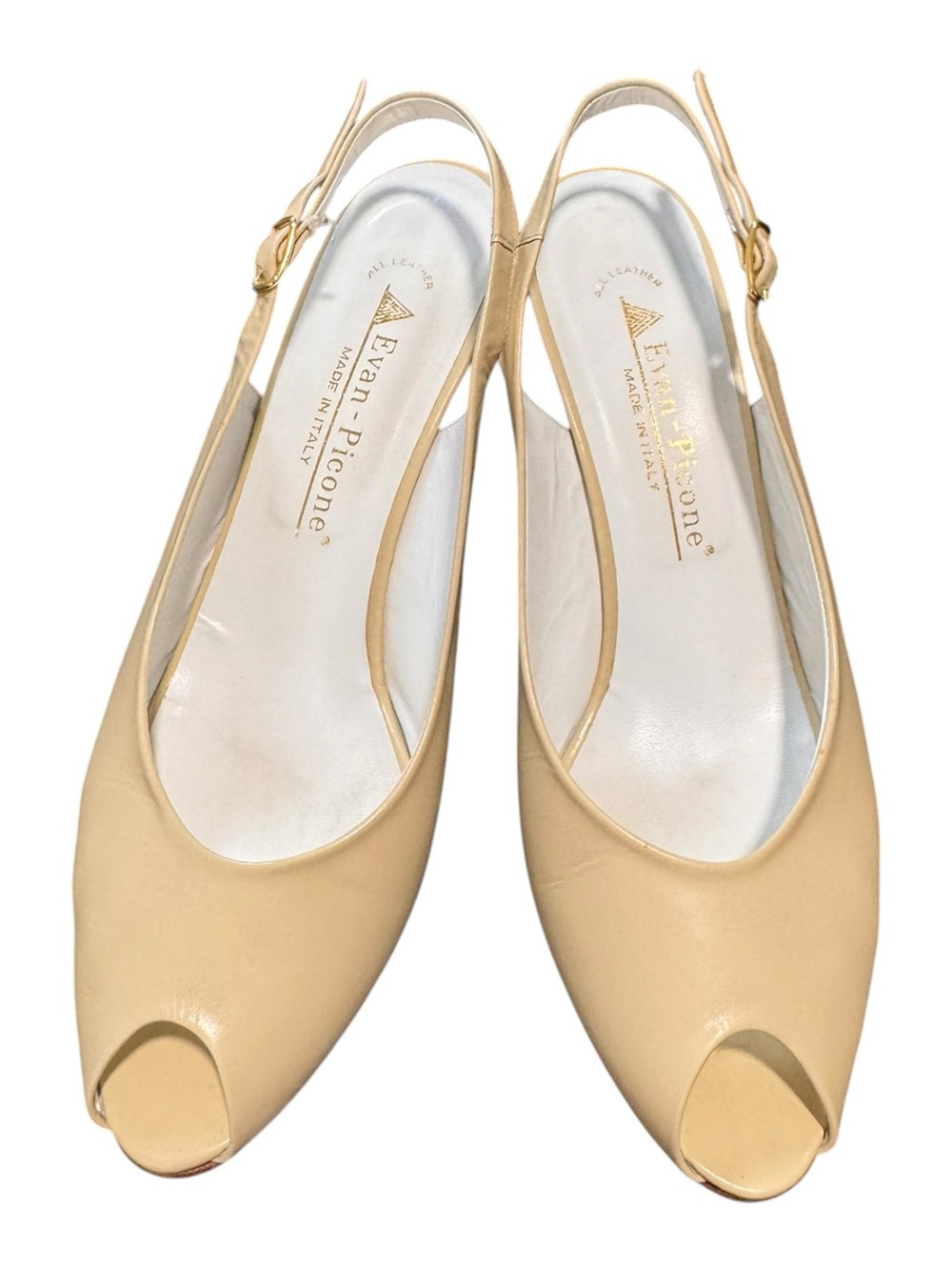 Vintage Evan-Picone Beige Leather Slingback Peep Toe Kitten Heels Italy Size 8.5